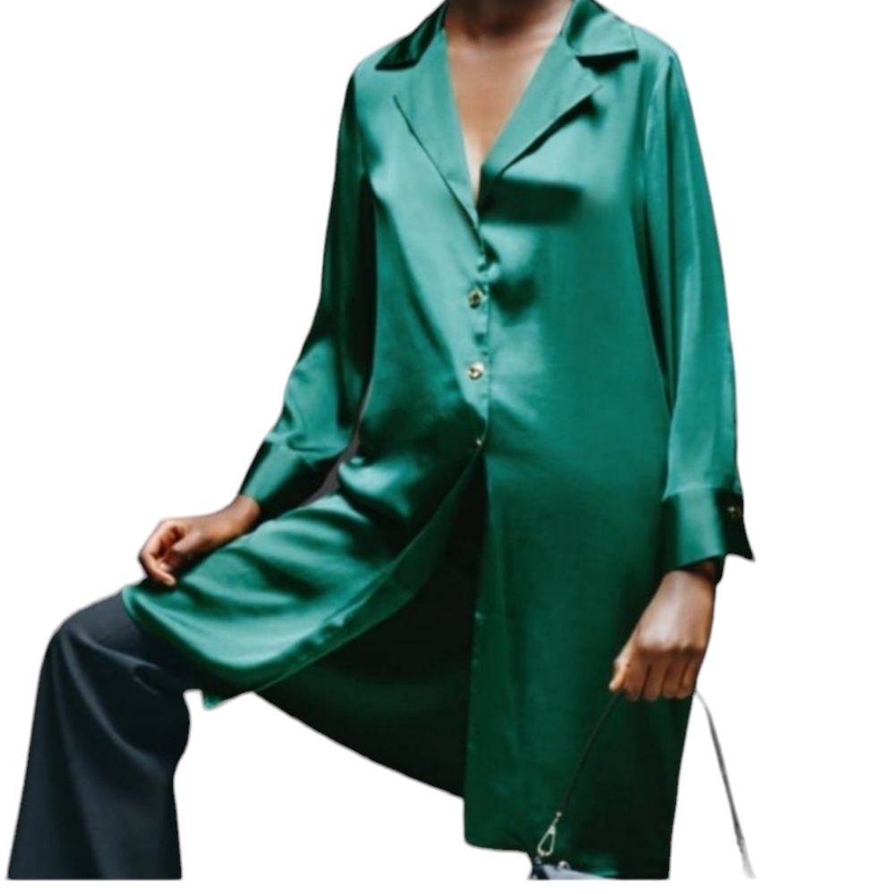 Zara Satin Effect Long Tunic Blouse Size L NWT